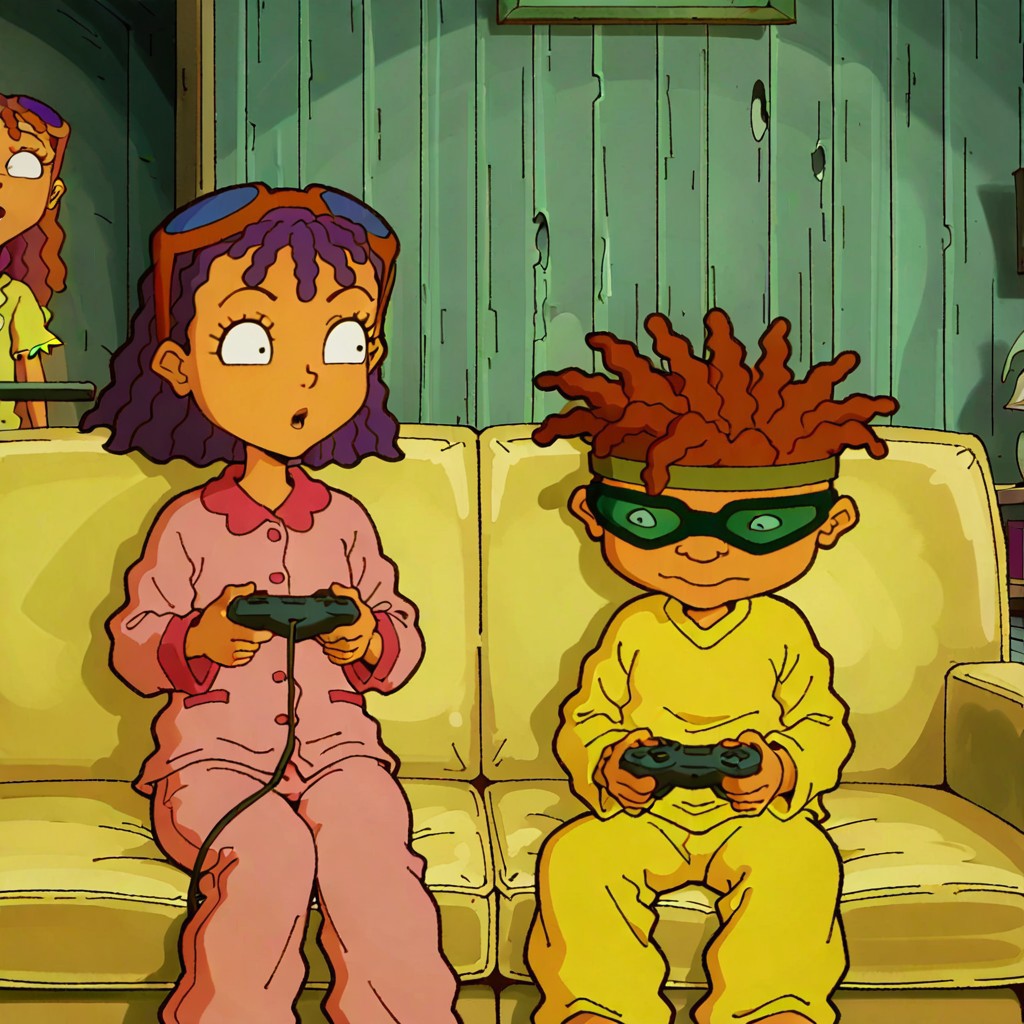 masterpiece, best quality, break, regoto_r, (1boy, otto_r, goggles), break, (1girl, reggie_r), pajamas, sitting, sofa, game controller