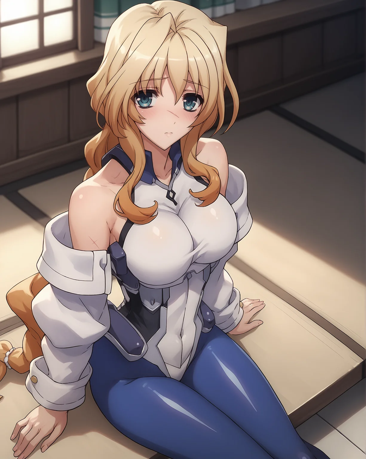 score_9, score_8_up, score_7_up, knhmary, scar, bodysuit, blue pantyhose, bare shoulders, sitting, blush, looking at viewer
<lora:Mary_Stuart_KnH2_PXL:0.7>