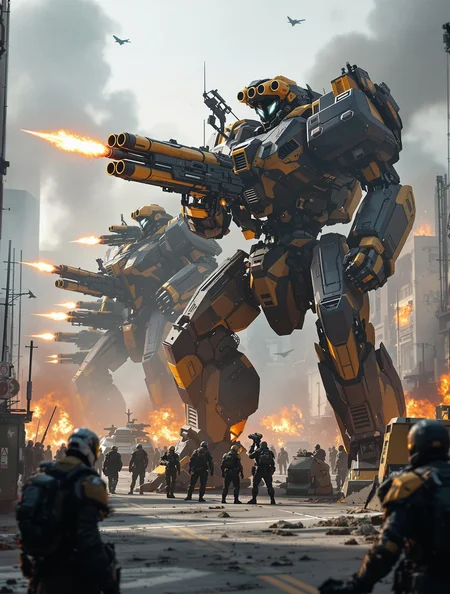 intricately detailed digital image, absurdres, HD32K 8K, an army of giant black and yellow mechas, robots, equipped with rocket launchers and gatling guns, aiming at viewer, firing rockets, , great lighting, BREAK on sci-fi futuristic city street, surrounded by soldiers in sci-fi futuristic body armor, size difference, smoke, explosions, ruins, armored vehicles, military aircraft