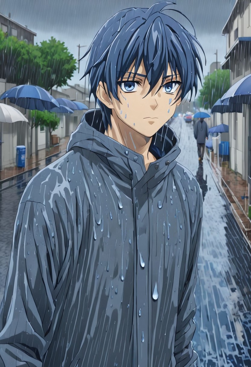 high resolution, solo, best quality, 1Boy, Tomoya Okazaki, Grey Blue Hair, blue eyes, Walking in the rain, puddles, calm, wet, wet hair, bangs,