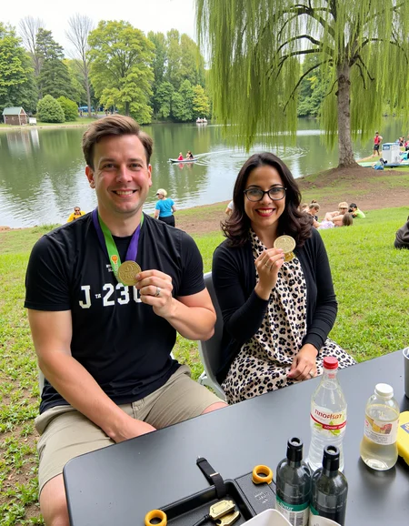 Medium shot photo of two individuals seated outdoors at a table in a scenic park setting. On the left, a Caucasian man with light skin tone and short brown hair wears a casual black t-shirt with a graphic, smiling calmly while holding up a medal. To his right, a woman with medium skin tone, black wavy hair, and a cheerful expression also holds up a medal, her smile conveying joy and pride. She is dressed in a dark cardigan over a floral-patterned blouse, her friendly demeanor adding to the relaxed atmosphere. Both appear comfortable, casually celebrating a shared achievement. The setting is a tranquil lakeside with lush greenery, visible trees reflecting off the calm water, and a few people in paddle boats in the background, contributing to a relaxed and leisurely vibe. The sky is overcast, providing diffused natural light that casts soft shadows, highlighting the subjects and emphasizing the lush backdrop. The table in front of them contains bottles and miscellaneous items, adding to the informal gathering atmosphere. Other people are visible in the distance, further enhancing the sense of a lively outdoor environment. The overall mood of the scene is light-hearted and sociable, enriched by the natural, vibrant surroundings and the subjects' joyful expressions <lora:amateurphoto-v5-14-15-1-1:0.4>
