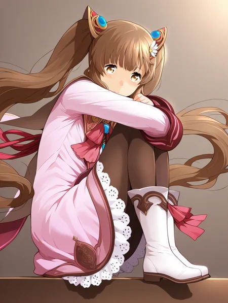 perfect quality,best quality,absolutely eye-catching,ambient occlusion,raytracing BREAK
1girl,<lora:rimuru rinnka IL v1.1:1>,rinnka,brown hair,twintails,hair ornament,pink dress,long sleeves,ribbon,lace trim,pantyhose,boots,front view,, from side,wide_shot,leaning_on_object,adjusting_thighhigh,hugging_own_legs,knees_to_chest,