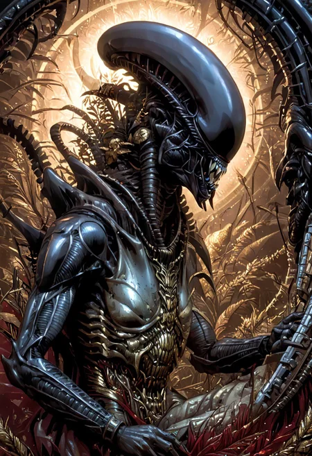 An insanely Detailed Divine Xenomorph, Golden and silver in color, cyberpunk, a crimson tinge to the golden color, Hyperdetailed, Omnipresent, Beautiful, Sinister overtones, otherworldly,