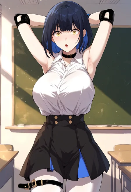 score_9, score_8_up, score_7_up, score_6_up, source_anime, rating_explicit, 1girl, huge breasts <lora:Bang Yerim prefectPonyxl:0.9> blue hair, black hair, yellow eyes, medium hair, colored inner hair, blue nails, black eyes, gradient eyes, black choker, collar, white shirt, sleeveless shirt, collared shirt, wristwatch, belt, elbow pads, high-waist skirt, black skirt, white pantyhose, thigh strap, surprised, classroom, blackboard, indoors, looking at viewer, arms behind head, armpits, close-up