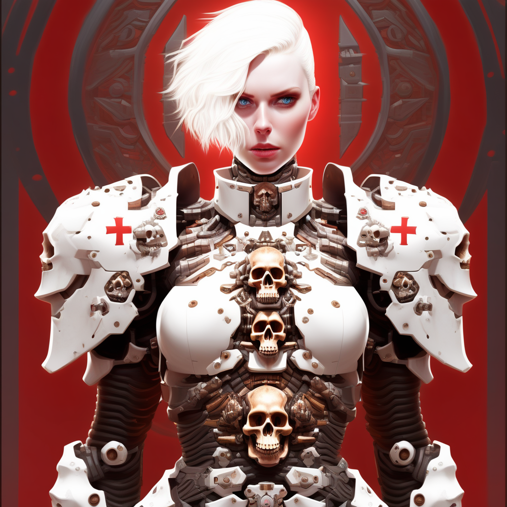 Highly detailed, futuristic, and stylized digital artwork featuring a female character in elaborate, white, and metallic armor. The armor is adorned with intricate mechanical components and skull motifs, including two prominent skulls on the chest area, each with a red ribbon and a white cross. The character has pale skin, striking blue eyes, and short, white hair styled in a partially shaved, asymmetrical cut. The background is black, which accentuates the character's features and the intricate details of the armor. The overall aesthetic is a blend of sci-fi and gothic elements, creating a visually striking and intense image.