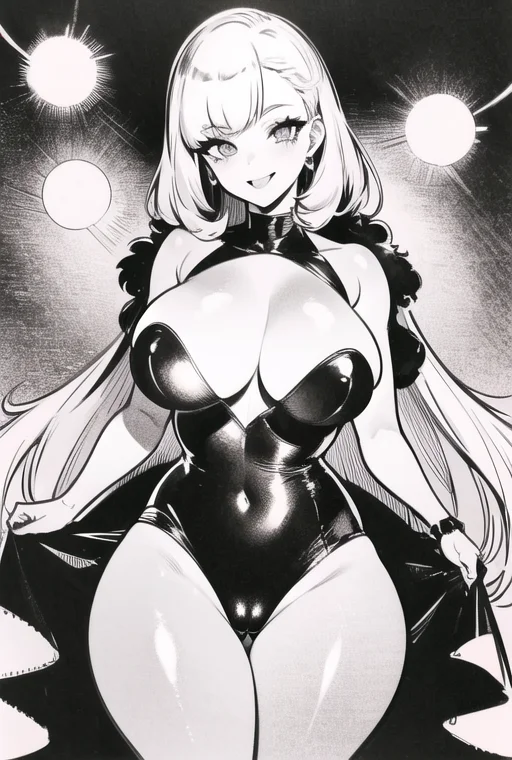(8k, RAW photo, best quality, masterpiece:1.2), large breasts, thick thighs, puffy nipples, shiny skin, looking at viewer, makeup,cameltoe,wide hips,mind control,seductive smile,cowboy shot,shiny clothes,dress,glowing eyes, poke ball \(basic\), nightsofhorror, <lora:NightsofHorror:0.90>,greyscale