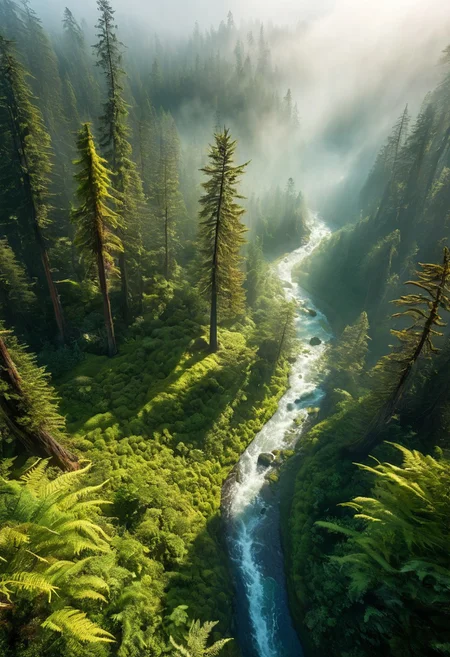 Aerial view of an ancient redwood forest, massive trees pierce through a blanket of misty fog. Sunbeams filter through the canopy, creating a dappled light effect on the forest floor. Rich, earthy tones dominate, with splashes of emerald moss and golden ferns. Meandering rivers glint like silver threads, carving through the landscape. In the distance, snow-capped mountains loom, their peaks barely visible above the mist. Intricate textures of bark, leaves, and undergrowth visible in hyper-realistic detail. 8k resolution, masterpiece quality, enhanced depth of field, photorealistic rendering with cinematic lighting.