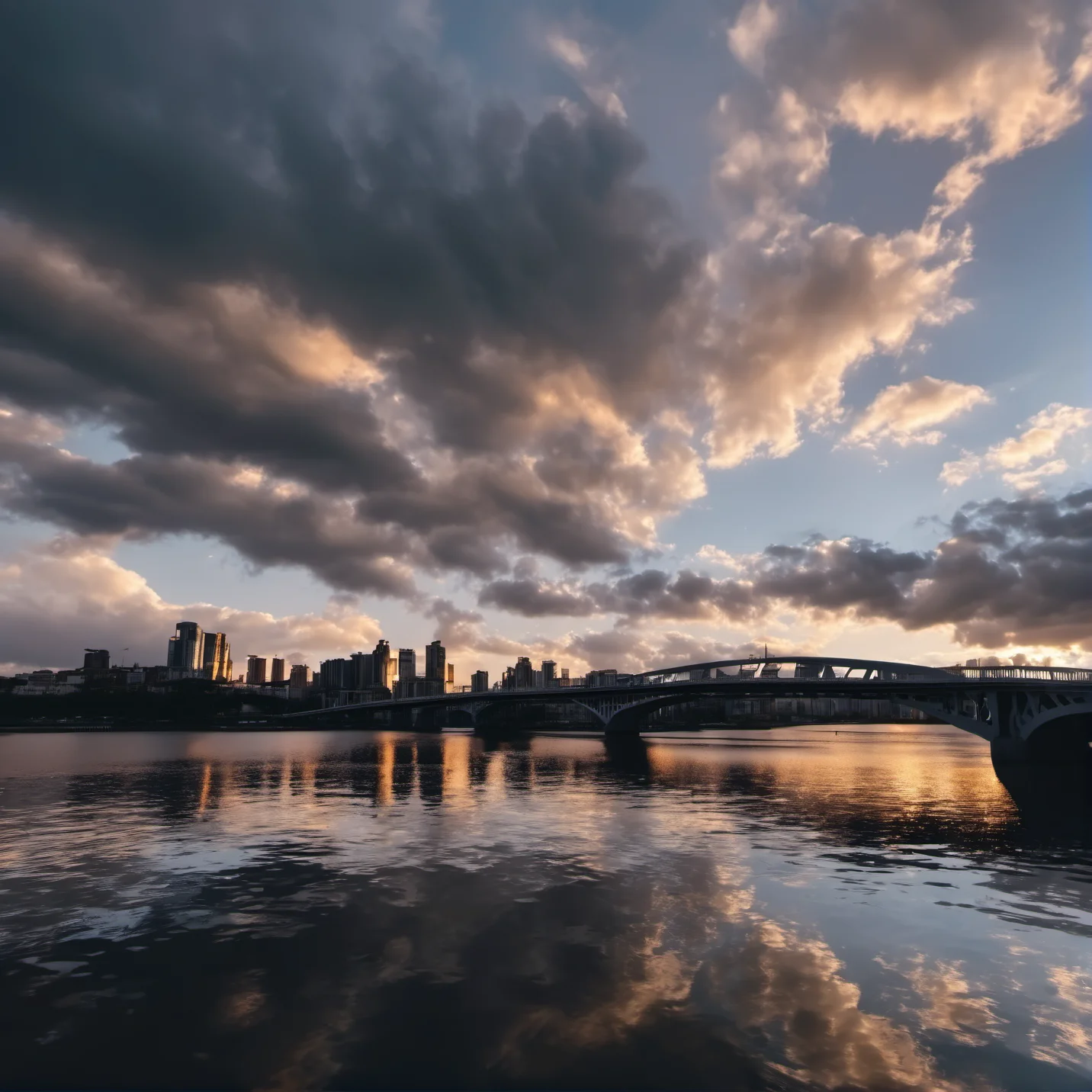 cinematic photo city, sunset dramatic sky, backlit clouds, urban cityscape , bridge over river <lora:Cloudify-SDXL:1> . 35mm photograph, film, bokeh, professional, 4k, highly detailed