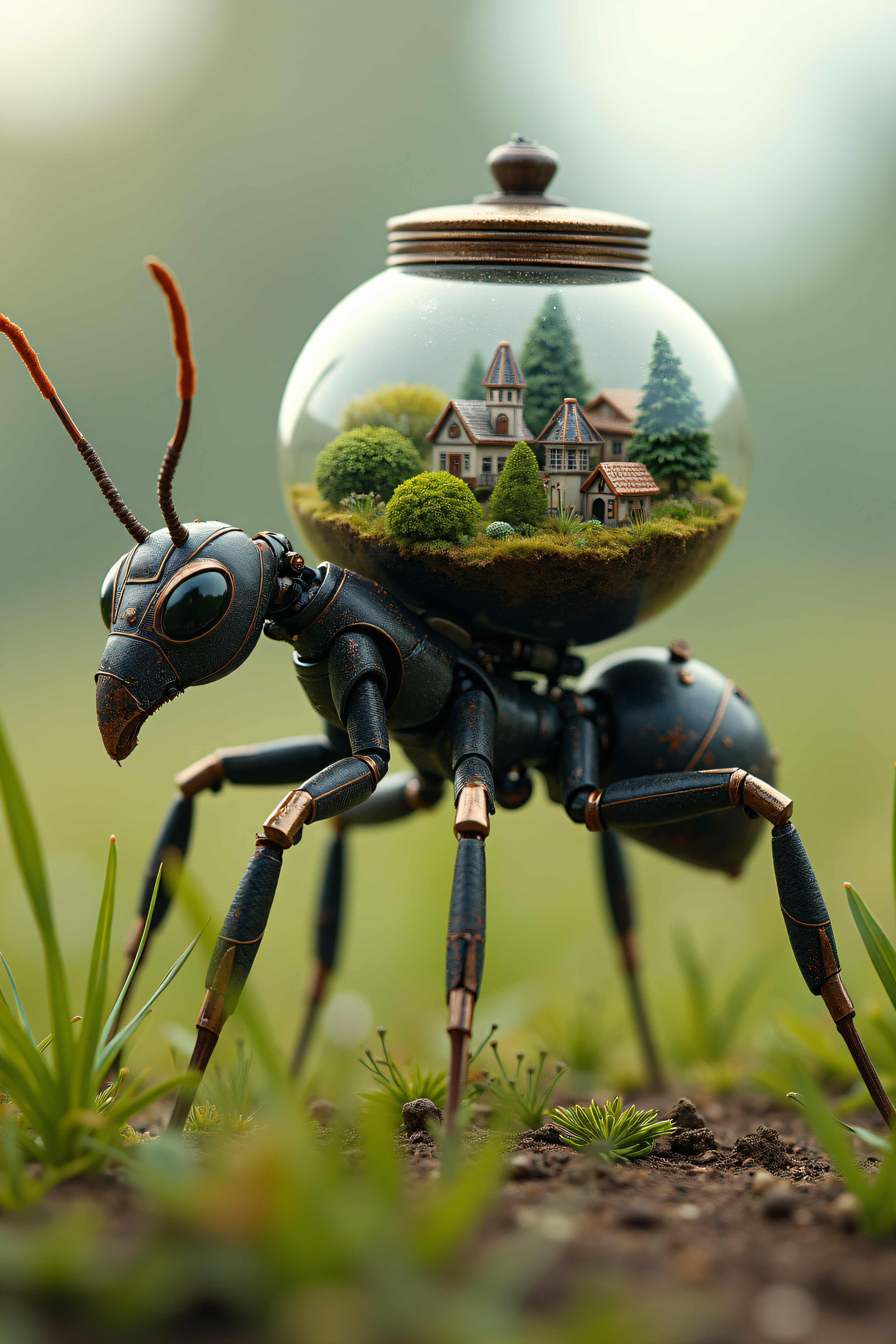 national geographic  photography of an ant, he transport a glass terrarium with a miniture city on his back, realistic, mechanical vegetal cyborg, futuristic robot organisms, steampunk robot ant, steampunk animal
