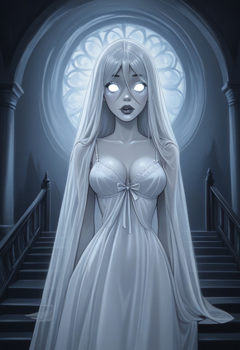score_9,score_8_up,score_7_up,score_6_up,score_5_up,score_4_up, best quality, high res image, 1girl, upper body torso portrait, ghost woman, ((glowy mist around her)), beautiful face, ((scary dark castle staircase)), (long white flowy hair), perky boobs, white skin, glowing white eyes, white flowy nightgown, (((she levitates)))<lora:Dean Yeagle StylePonyLyco:1> dystlye,