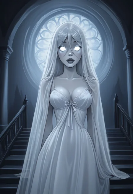 score_9,score_8_up,score_7_up,score_6_up,score_5_up,score_4_up, best quality, high res image, 1girl, upper body torso portrait, ghost woman, ((glowy mist around her)), beautiful face, ((scary dark castle staircase)), (long white flowy hair), perky boobs, white skin, glowing white eyes, white flowy nightgown, (((she levitates)))<lora:Dean Yeagle StylePonyLyco:1> dystlye,