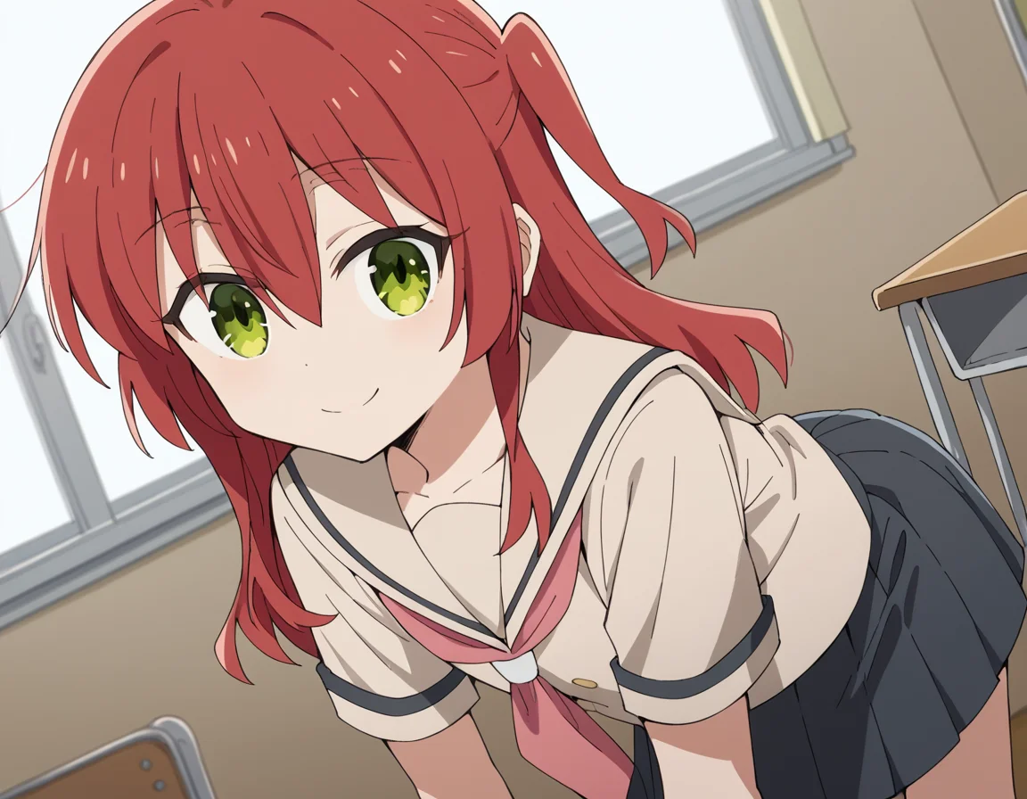 score_9, score_8_up, score_7_up, source_anime,
kitaikuyo, <lora:ikuyo-kita-s1-ponyxl-lora-nochekaiser:1>,
ikuyo kita, green eyes, hair between eyes, long hair, one side up, red hair,
black skirt, grey sailor collar, pleated skirt, sailor collar, school uniform, short sleeves, shuka high school uniform, skirt,
indoors, classroom, bent over, smile,
cowboy shot, solo, dutch angle, looking at viewer,