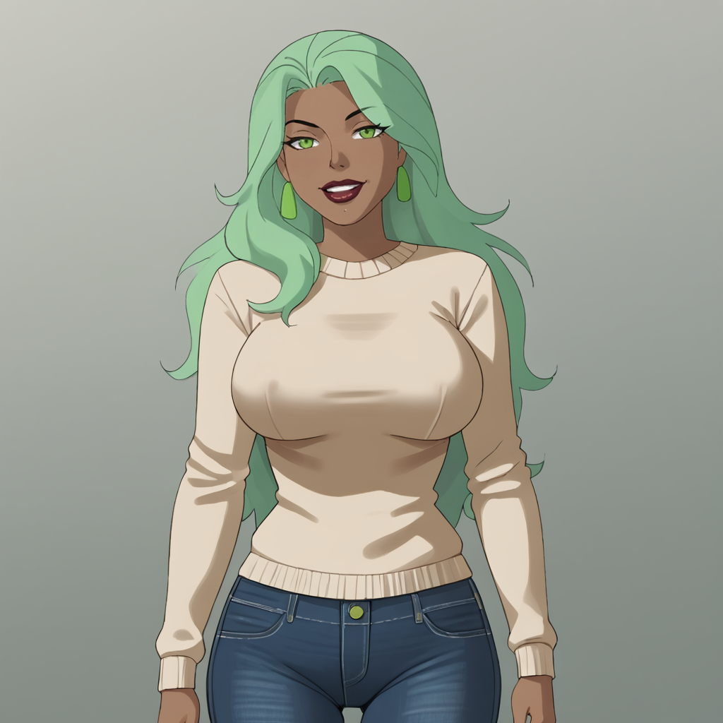 <lora:firedcau_pony_v1:.8> FireHuman, 1girl, solo, long hair, green hair, lipstick, large breasts,  makeup, green eyes,  dark-skinned female, dark skin, , mole, cowboy shot, sweater, jeans