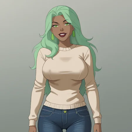 <lora:firedcau_pony_v1:.8> FireHuman, 1girl, solo, long hair, green hair, lipstick, large breasts,  makeup, green eyes,  dark-skinned female, dark skin, , mole, cowboy shot, sweater, jeans