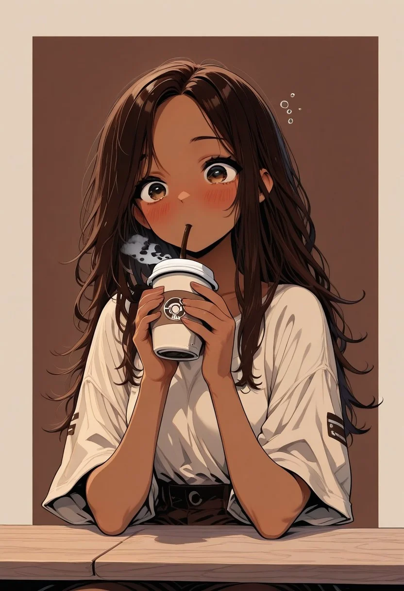 1girl, solo, long hair, dark brown hair, dark skin, holding a coffee, coffee shop sitting, blush, drinking, ,portrait , outside border, masterpiece ,best quality ,amazing quality, neo_pop