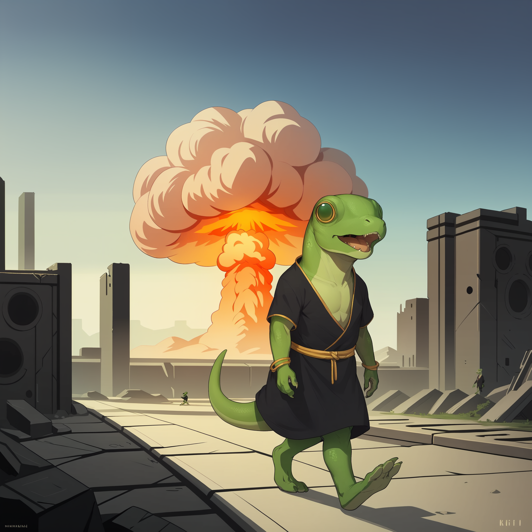 score_9, score_8_up, score_7_up, source_furry, solo, <lora:prikkiki-ti:0.7>, prikkikiti, green skin, nostrils, lizard tail, black kimono, loose clothes, reptile, bracelet, open mouth, walking, science fiction, <lora:Nuclear_Explosion:1>, Nuclear Explosion in the Background, outdoors, ruins, sky
