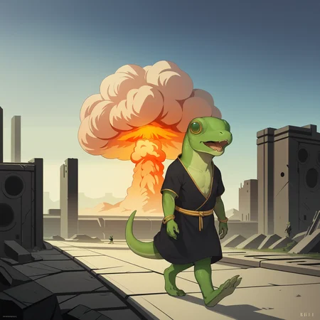 score_9, score_8_up, score_7_up, source_furry, solo, <lora:prikkiki-ti:0.7>, prikkikiti, green skin, nostrils, lizard tail, black kimono, loose clothes, reptile, bracelet, open mouth, walking, science fiction, <lora:Nuclear_Explosion:1>, Nuclear Explosion in the Background, outdoors, ruins, sky