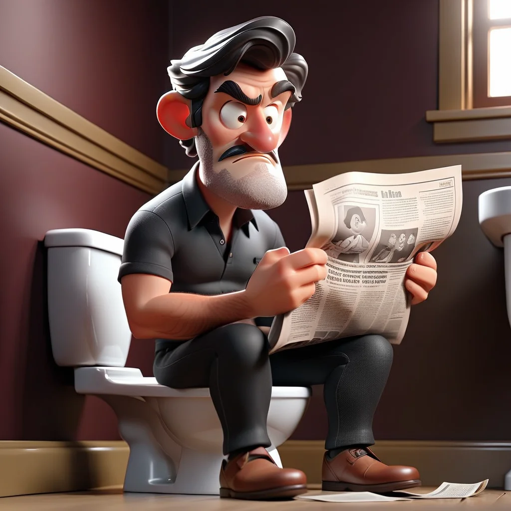 3D cinematic film.(caricature:0.2). 4k, highly detailed,Man Sitting on Toilet and Reading Newspaper