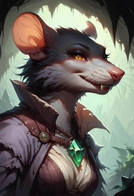 score_9, score_8_up, score_7_up,
Skaven, skaven female, upper body, portrait, close view, smiling, looking at viewer, seductive look,
cave background, green crystals in cave, dim lighting