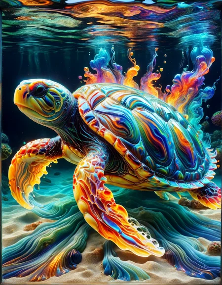 An ais-brknlvlmp sea turtle, its shell a mosaic of molten glass and swirling colors. <lora:ais-brknlvlmp-sdxl:1>