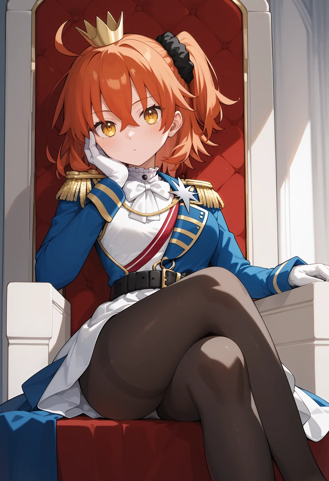 score_9, score_8_up, score_7_up, score_6_up, score_5_up, score_4_up, source_anime, aaritsuka, short hair, orange hair, ahoge, one side up, hair scrunchie, black scrunchie, mini crown, yellow eyes, breasts, epaulettes, aiguillette, white dress, blue jacket, long sleeves, white gloves, black belt, black pantyhose, <lora:fujimaru_ritsuka_ponyxl_v1:0.9>, stting, crossed legs, throne, indoors, hand on own face,