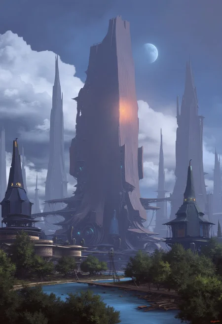 Art by Alejandro Burdisio. A futuristic cityscape at dusk. The central focus is an immense, towering skyscraper with a sleek, reflective surface that reflects the soft, ambient light of the setting sun. The building's design is futuristic, with a tapering top and a complex, organic base that seems to blend seamlessly with the landscape. In the foreground, a serene river runs through a valley lined with lush, green trees. Bridges and elevated walkways connect the base of the skyscraper to the surrounding buildings. The buildings in the foreground are more modest in size, with a mix of glass and metallic facades, indicating modern architecture. In the background, the cityscape stretches into the distance, showcasing a variety of skyscrapers and high-rises, some of which are needle-like, indicating a focus on verticality and density. The sky is a gradient of deep blues and purples, with scattered, fluffy clouds casting shadows on the buildings below. big white moon in the background. futuristic, utopian theme. high contrast