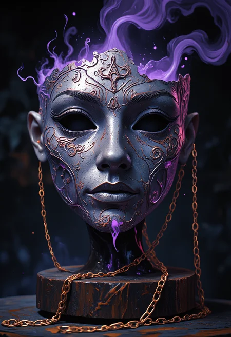 A highly detailed close-up of an ancient silver mask placed on a dark wooden pedestal. The mask's surface is engraved with shimmering arcane symbols, which glow softly in an eerie lavender hue. Faint tendrils of mist seep from its eye sockets, whispering lost incantations to those who dare to listen. A delicate golden chain drapes around the mask, pulsing with an unseen force, as if sealing the maskâs forbidden power.