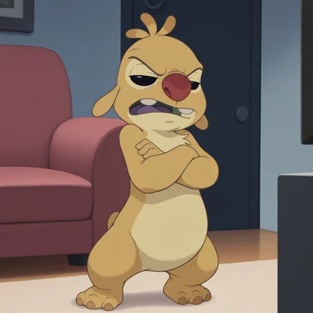 masterpiece, best quality, amazing quality, official artstyle, r3ub3n, male, furry male, anthro, solo, yellow fur, two-tone fur, short hair, black eyes, red nose, buck teeth, purple tongue, small ears, small tail, 3 toes, paw pads, standing, annoyed, half-closed eyes, crossed arms, indoors, living room