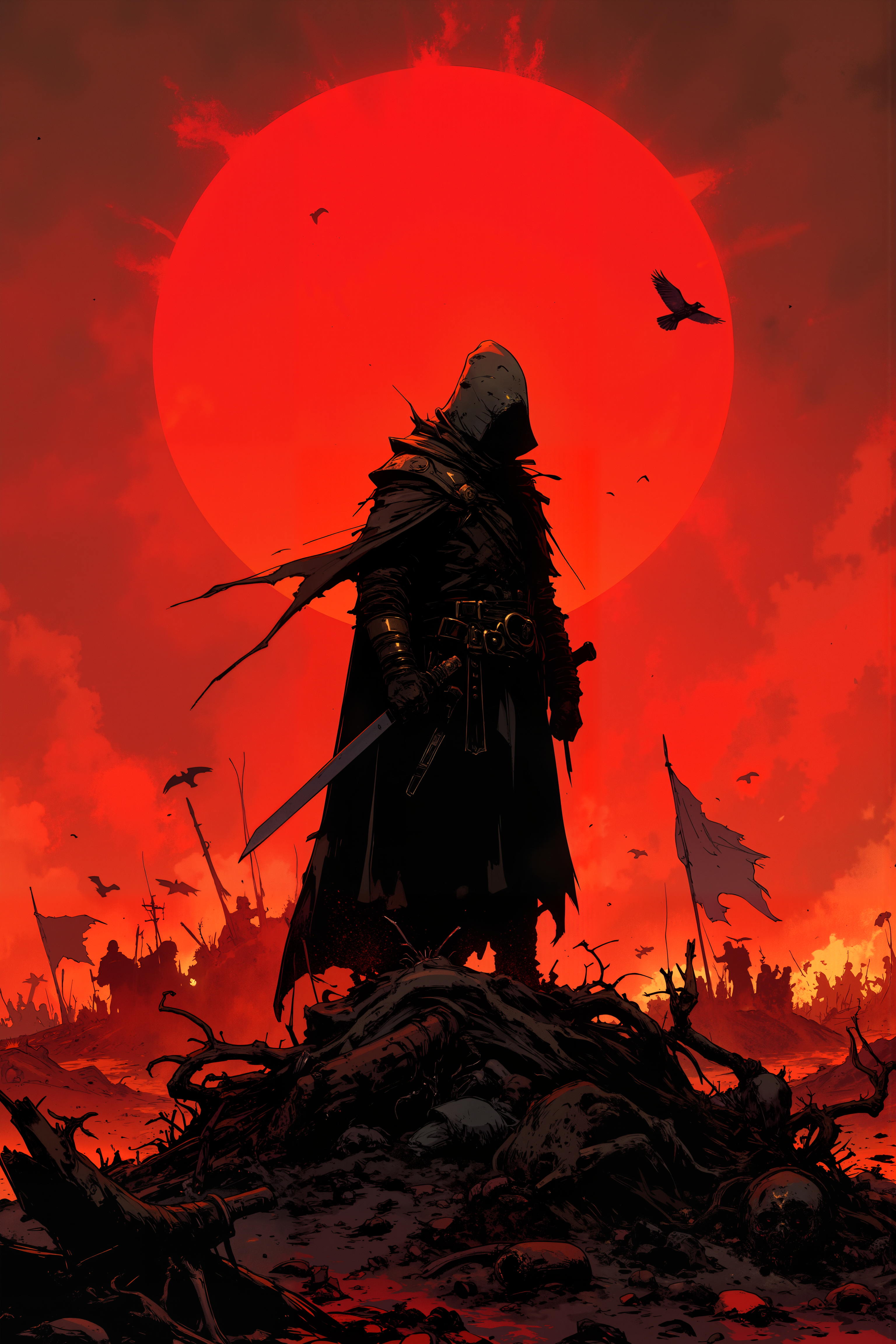 On the edge of a desolate battlefield, a lone figure stands, cloaked in black, his silhouette stark against the backdrop of a blood-red sunset. His face is hidden beneath a dark hood, but the faint gleam of steel catches the dying light where a sword rests at his hip. The earth beneath him is scorched and littered with the remnants of warâbroken weapons, charred banners, and the bodies of the fallenâbut the stranger remains untouched, standing like a solitary sentinel among the ruins. His presence is an anomaly, silent and still in a place that had moments ago been filled with the screams of battle. The wind howls across the plains, carrying with it the acrid scent of smoke and ash, but the figure seems unaffected, unmoved by the devastation around him. His hands, hidden in the folds of his cloak, seem relaxed, yet there is an unmistakable air of power and purpose in the way he stands. The crows that circle overhead seem to avoid him, their cries distant and mournful as they search for easier prey. The air around the stranger hums faintly, as though the battlefield itself recognizes an intruder who does not belong to this world. , detailed background  Fantastic lighting. Detailed shadows.intricate details, vivid colors, hyper-detailed, ultra-sharp, <lora:Ev_Ganin:0.4><lora:Vintage comic book:0.4><lora:RetroAnimeFluxV1:0.15><lora:Greg_Capullo_style:0.4><lora:jeanClaude_Mzires_Style_FLUX-000001:0.4><lora:Flux_Ink_Anime:0.4>