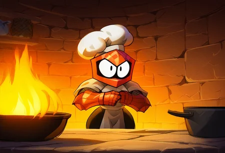 knight, big eyes, helmet, cape, big helmet, castle, stone wall, backlit, edgelit, huge gauntlets, cooking, holding a frying pan, fraying pan, pots, beard, chef hat on helmet, helmet, chef hat, lanterns, character focus, furious, angry, fuming, closeup, extreme closeup, very detailed helmet, 1girl, wide hips, thick thighs, voluptuous,