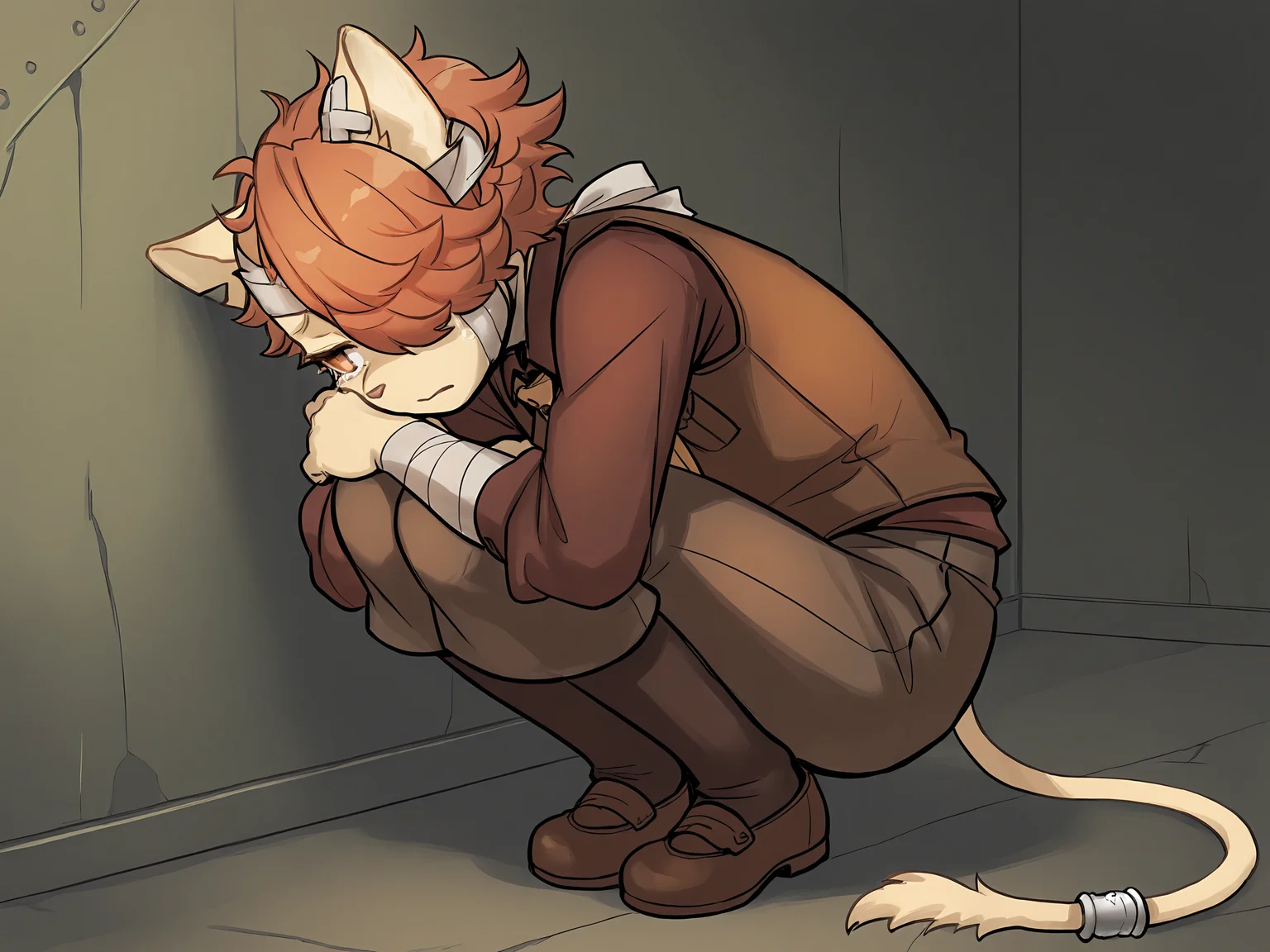 BREAK, <lora:Kyle_Bavarois_V1_Illustrious:1>, kyle bavarois, fuga: melodies of steel, kemono, furry male, cat boy, young male, 1boy, cream fur, short hair, orange hair, hair over one eye, orange eyes, animal ears, cat ears, cat tail, tail ring,
BREAK, Fuga 2 outfit, brown shoes, brown socks, brown pants, brown button-up shirt, long sleeves, brown vest, yellow necktie,
BREAK, solo, full body, sad, despair, tears, looking away, bandages, bandaged arm, bandaged head,