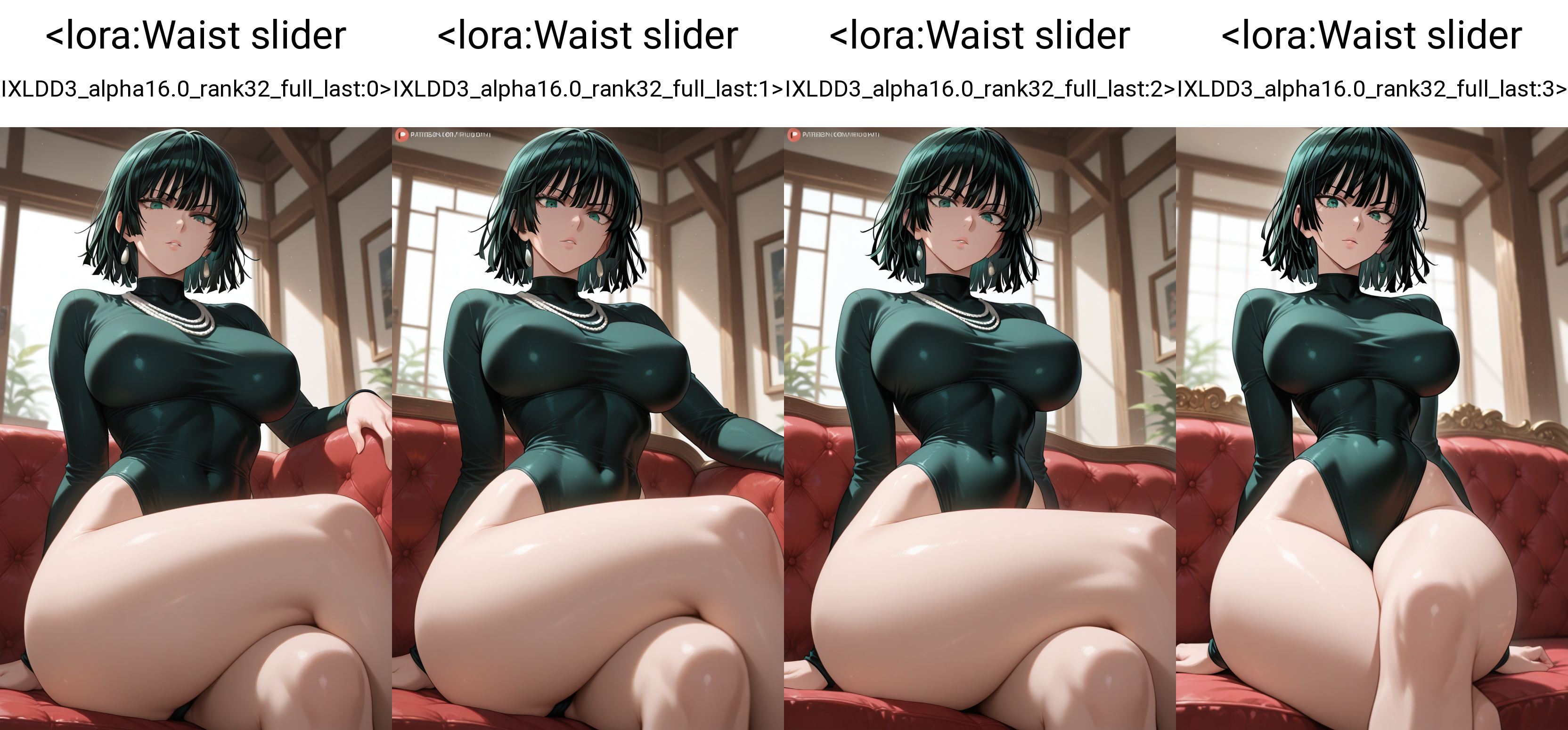 masterpiece, best quality, 1girl, fubuki \(one-punch man\), sitting, indoors, crossed legs, leotard, looking at viewer,   <lora:Waist slider IXLDD3_alpha16.0_rank32_full_last:0>