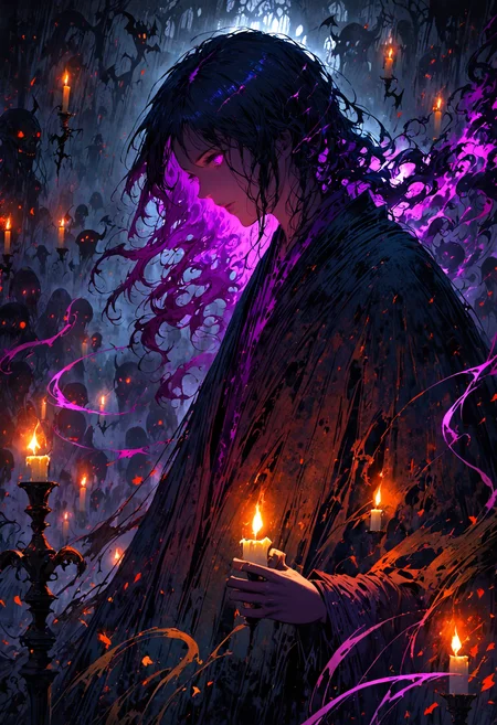The demon is lurking in a dimly lit, eerie atmosphere, surrounded by a thick, swirling dark mist, with a clear, menacing expression evoking a sense of dread and unease; demon is illuminated by faint, flickering candlelight casting an otherworldly glow, with hues of deep blues and purples dominating the palette, and an air of antique, worn, and distressed textures adding to the haunting, cinematic quality of the scene.
OverallDetailXL <lora:MJ52:0.3>  <lora:EpicF4nta5yXL:0.7>