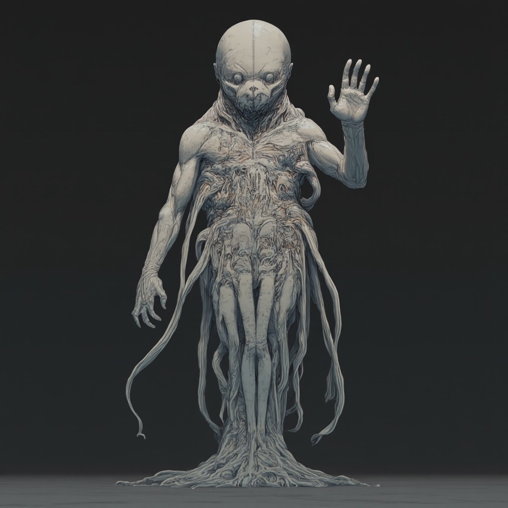 ff-comic, MikeFranchinastyle, d4artstyle, d4concept, , bbstyle,, horror theme, zbrush, ZBClay model of a gray sculpture
Set against a solid dark color background to emphasize its unsettling unnatural form that emphasizes its silhouette. The medium is not a traditional painting or illustrative medium like watercolor or ink but rather a digital 3D rendering.
A sea fish  monster