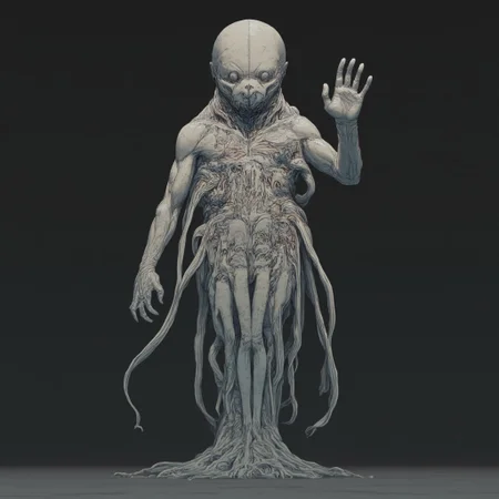 ff-comic, MikeFranchinastyle, d4artstyle, d4concept, , bbstyle,, horror theme, zbrush, ZBClay model of a gray sculpture
Set against a solid dark color background to emphasize its unsettling unnatural form that emphasizes its silhouette. The medium is not a traditional painting or illustrative medium like watercolor or ink but rather a digital 3D rendering.
A sea fish monster