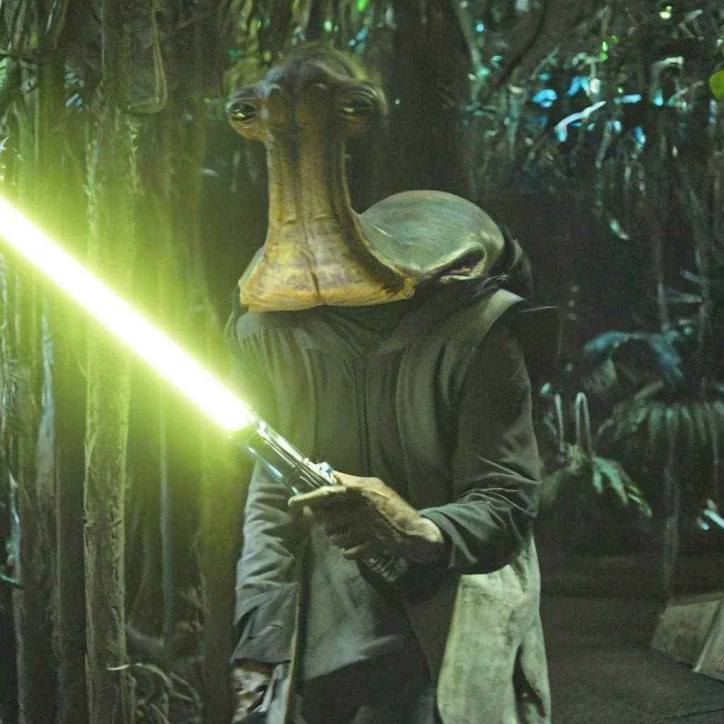 cinematic film style star wars style of an ithorian hammerhead alien, dynamic, moody, darkness, shadows, dark, sinister, pitch black, highly detailed, (Alien biomechanical futuristic cybernetic forest inside of a spaceship in background), shining heavy white armor, holding long brilliant glowing light saber, IMAX,