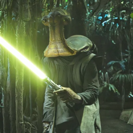 cinematic film style star wars style of an ithorian hammerhead alien, dynamic, moody, darkness, shadows, dark, sinister, pitch black, highly detailed, (Alien biomechanical futuristic cybernetic forest inside of a spaceship in background), shining heavy white armor, holding long brilliant glowing light saber, IMAX,