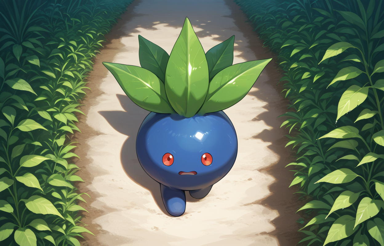PonyScores7, source_anime,
BREAK (ashamed), (In a serene riverside garden with the Nymphenburg Palace in the background), (walking), looking at viewer,  <lora:OddishPokedexPDXL:0.8> zzOddish, full body, red eyes, grass, blueberry, pokemon, oddish, leaf, no humans, pokemon (creature)
BREAK <lora:xl_more_art-full_v1:0.2>, <lora:aesthetic_anime_v1s:0.2>, <lora:EpicF4nta5yXL:0.2>, <lora:detailxl:0.2> detailxl, <lora:Fant5yP0ny:0.2>, best quality, amazing quality, best aesthetic, absurdres, illustration, Volumetric_Lighting, ultra-detailed, very aesthetic, intricate details, 8k, masterpiece, best_quality 
BREAK (High Angle (from behind) view medium Close shot, focus on waist) 
BREAK <lora:Complicated fantasy portrait - XL Pony V2.0:0.4>, <lora:HDA_Detailer:0.2>,