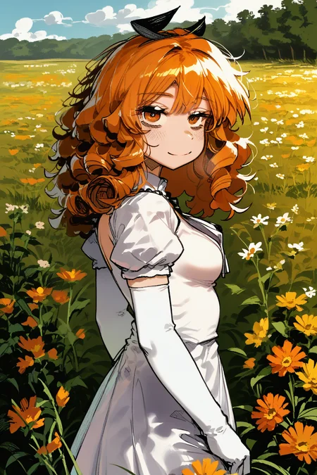 score_9, score_8_up, score_7_up, 1girl, solo, long hair, curly hair, wavy hair, orange hair, orange eyes, looking at viewer, breasts, dress, white dress, puffy sleeves, puffy short sleeves, short sleeves, gloves, elbow gloves, white gloves, cowboy shot, closed mouth, standing, outdoors, field, flower, grass, plant, sky, <lora:karasu_raven:1.8>âââ