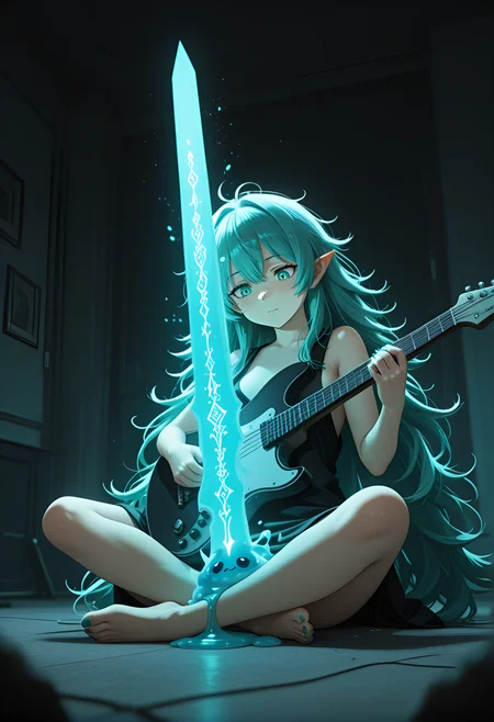 very long hair, Neon Teal Theme, Teal hair, best quality, redemption stories, motion_blur:1.1, anime character, long messy hair, ambient occlusion, BREAK, 1boy, playing guitar, RTX, blurry foreground, absolutely eye-catching, faith restored, motion_lines:1.1, amazing quality, moral fortitude, protective wards, divine light, tan skin, no_bra, nail_polish, heavenly interventions, spiritual guidance, Shion Karanomori (Psycho-Pass), absurdres, depth of field, 8K, ultra-detailed, BREAK, newest, in the style of ck-ovf, 1girl, Deep Night / Pitch Black, slime_(creature), Hippogriff, very aesthetic, medium breasts, masterpiece, elegant longsword with faint glowing runes, drizzle, holy relics, Cross-legged sit, barefoot, celestial choirs, angelic sanctuary, full body, dusk, pointed_ears