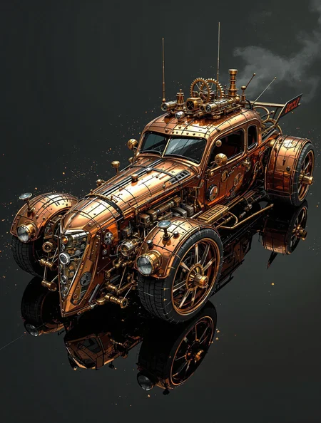 A steampunk car with copper and brass bodywork rendered in heavy brushwork, fused with intricate pixel gears and clockwork glitches