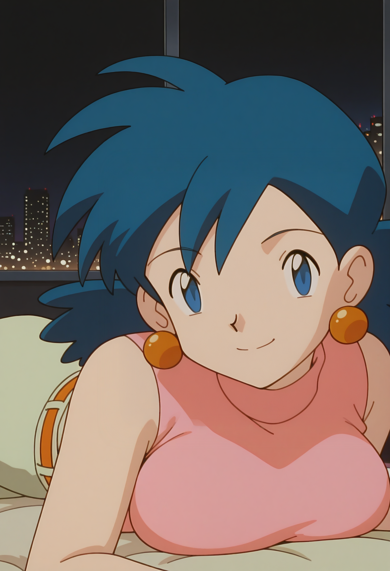 masterpiece,best quality,good quality, <lora:PMRep089:1>, PMRep089, 1girl, earrings, blue hair, flipped hair, blue eyes, breasts, large breasts, 
pink sleeveless turtleneck, orange belt, beige high-waist pants, wide-leg pants,
lying, on stomach, breast press, seductive smile, looking at viewer, 
BREAK indoors, night, window, city lights, dark background,