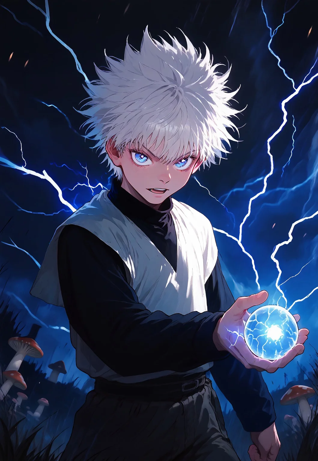 score_9_up, score_8_up, score_7_up,anime source,(realism:0.8) , best quality, lots of details, clear outline,
, 1boy, solo, 18yo, bishounen, emaciate physique , ,handsome:1.3,male focus, thin body,,blue eyestsurime,detailed eyes,male eyes, suspicious expression,light smile,opened mouth , detailed face,colorful,
killuazoldick, 1boy, solo, male focus, shorts, white hair, blue eyes, shirt, long sleeves, layered sleeves, mage cloak,skirt,
Ligmagmb, electricity, lightning, glowing,Lighting magic ball on hands,
perfect shooting angle,
outdoor , grass, many
mushrooms, magic bottles,
great anatomy,
