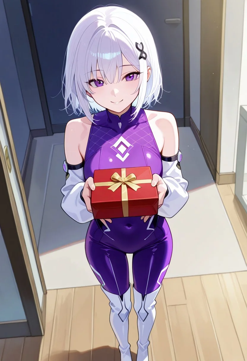 1girl, Short, white hair with a glossy finish, styled in a modern and chic manner. Add a small, delicate hair ornament for an extra touch of elegance, Large, expressive purple eyes filled with warmth and kindness, A sleek purple bodysuit that fits snugly, with detachable sleeves that reveal her shoulders. The bodysuit should have subtle, intricate patterns and cover her navel. Complete the look with white knee-high boots that add a sense of grace and modernity, She is standing with a gentle, inviting smile, her body slightly turned towards the male character. Her arms are extended, offering a beautifully wrapped box of chocolates. Her posture should be relaxed yet confident, exuding charm and warmth.