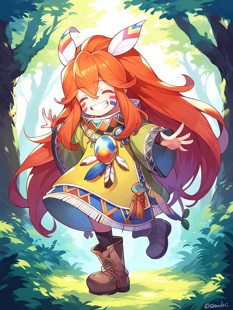 score_9, score_8_up, score_7_up, source_anime, rating_explicit, BREAK <lora:Popoi_XL:1>
Popoi, long hair, androgynous, feather hair ornament, hair ornament, feathers, red hair, facepaint, facial mark, orange hair, very long hair, hair between eyes,
smile, solo, closed eyes, grin, twitter username, full body, boots,
forest,