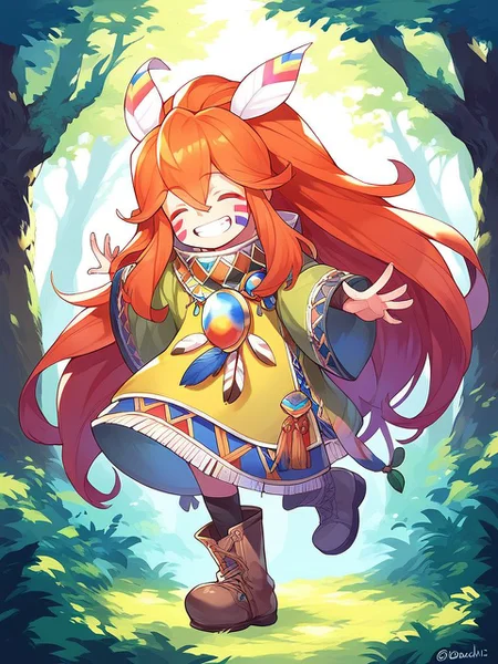 score_9, score_8_up, score_7_up, source_anime, rating_explicit, BREAK <lora:Popoi_XL:1>
Popoi, long hair, androgynous, feather hair ornament, hair ornament, feathers, red hair, facepaint, facial mark, orange hair, very long hair, hair between eyes,
smile, solo, closed eyes, grin, twitter username, full body, boots,
forest,