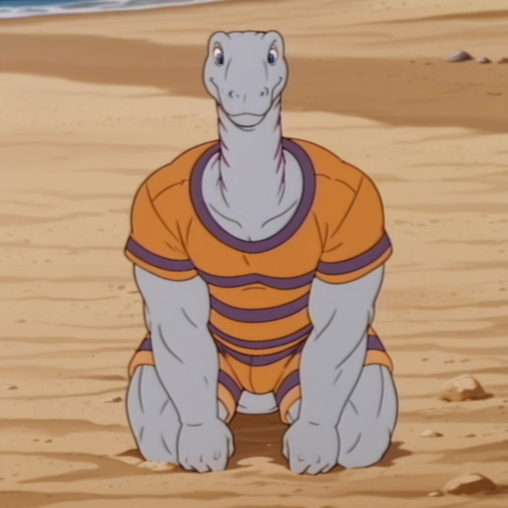 masterpiece, best quality, amazing quality, BrontoDsil, anthro, male, brontosaurus, light blue skin, blue eyes, long neck, orange shirt, purple stripes, short sleeves, orange shorts, purple stripes, on a beach, solo, 1boy, full body,