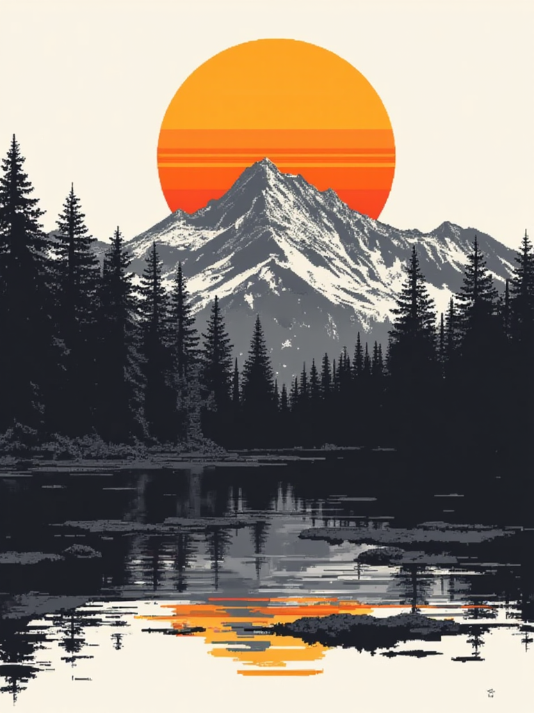 A pixel art abstract graphic illustration, black and white, of a mountain landscape with a brilliant orange sunset. gl1tchc0re d1eselc0re<lora:General Flux\darkdescent-pixel-art.safetensors:0.9:1.0> <lora:Promptcore Flux\Glitchcore.safetensors:0.5:1.0>