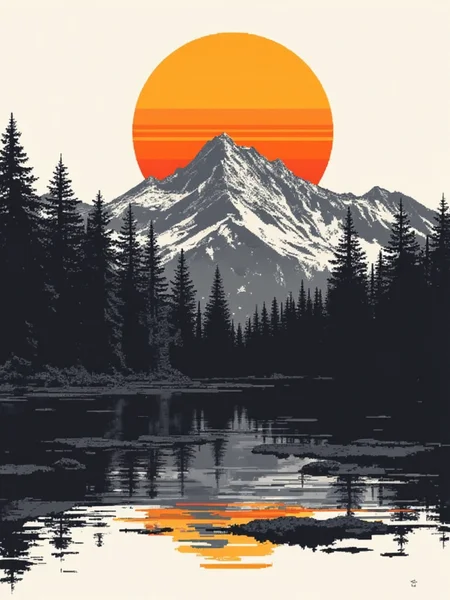 A pixel art abstract graphic illustration, black and white, of a mountain landscape with a brilliant orange sunset. gl1tchc0re d1eselc0re<lora:General Flux\darkdescent-pixel-art.safetensors:0.9:1.0> <lora:Promptcore Flux\Glitchcore.safetensors:0.5:1.0>