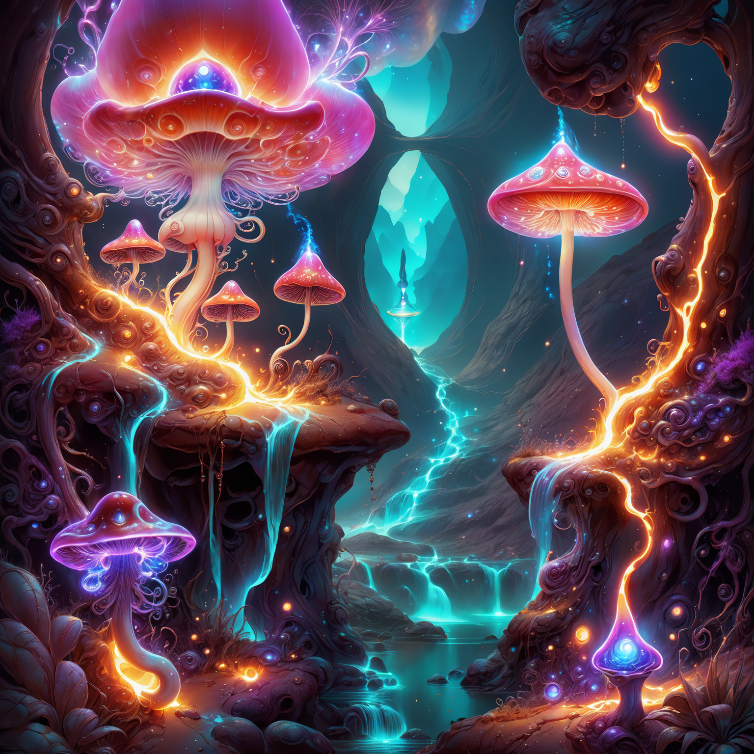 <lora:aiai-DiscoFire-XL1-v1-captions:0.75> aiai-DiscoFire style fantasy landscape with psychedelic mushrooms and pink mist and bong smoke, purple haze, eyeball plants, in the style of rodney matthews, 70s fantasy poster, bioluminescent fungal flora betwen winding canyon, exaggerated colorful art, highly detailed, 8K vibrant colors, high contrast, vivid lighting, hyperrealism, masterpiece, best quality